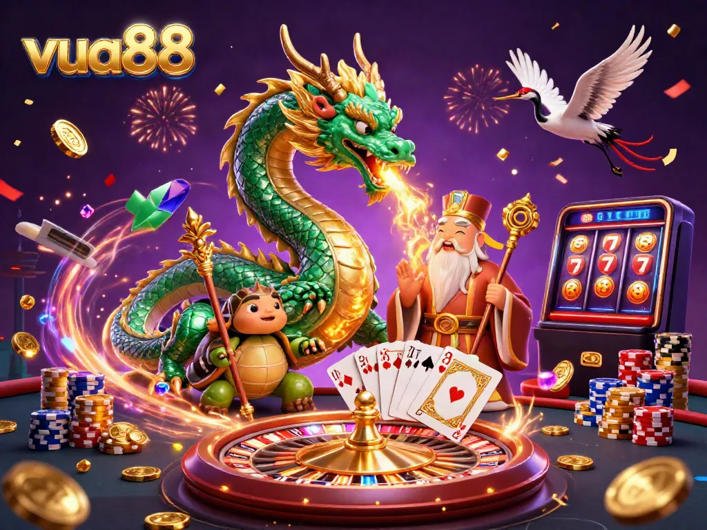 Win big at vua88 with a vibrant 3D casino scene showcasing a jade dragon, turtle sage, and lucky cranes.