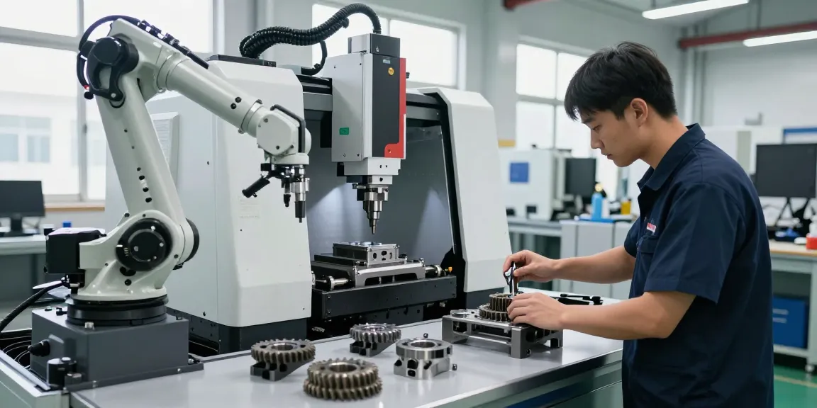 Präzisionsteile werden in modernem CNC-Werkstattumfeld gefertigt, einschließlich Techniker und Maschinenbetrieb.