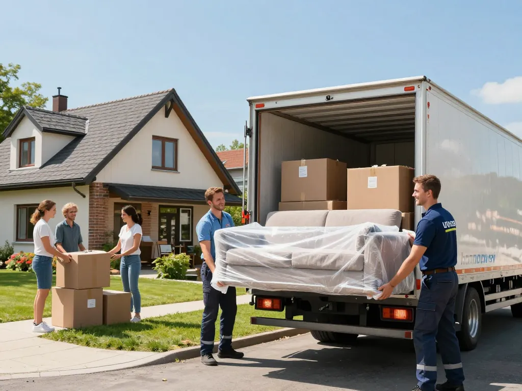 Professionelles Umzugsunternehmen Hannover-Team lädt sorgfältig die Habseligkeiten einer Familie in einen Umzugswagen in einem sonnigen Viertel, was Vertrauen und Effizienz zeigt.