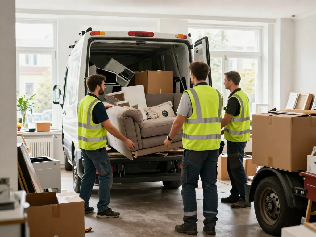 Sperrmüll Entrümpelung Berlin durch professionelle Räumungscrew in einer Wohnung mit Sofa und Kartons.