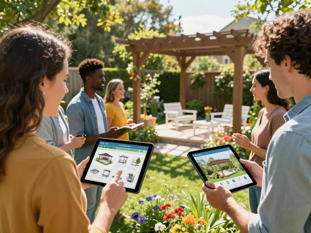 Hausbesitzer nutzen den Pergola Konfigurator 3D in einem üppigen Garten, um ihr individuelles Pergoladesign zu visualisieren.