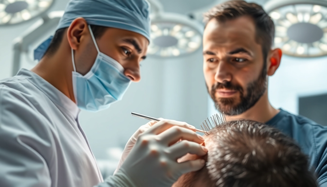 Hair transplant procedure highlighting a skilled surgeon in action within a modern clinic.