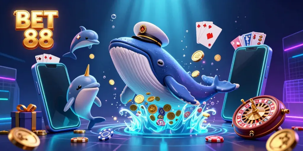 Experience thrilling gameplay at BET 88 with a vibrant underwater scene showcasing a whale and dolphins amidst casino elements.