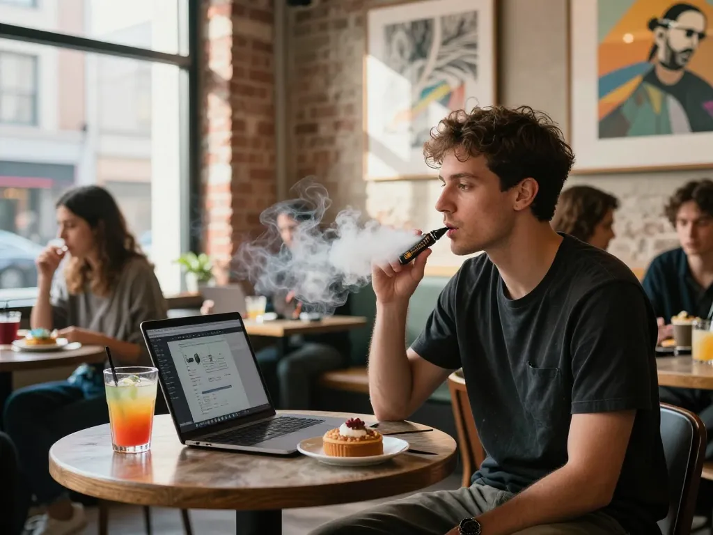 Junger Erwachsener genießt das Al Fakher 30K Hypermax in einem trendigen Café und hebt die lebendige urbane Vaping-Kultur hervor
