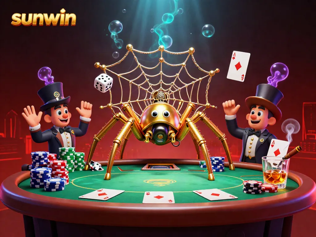 Experience thrilling gameplay at Sunwin with a steampunk spider capturing dice amidst poker excitement.