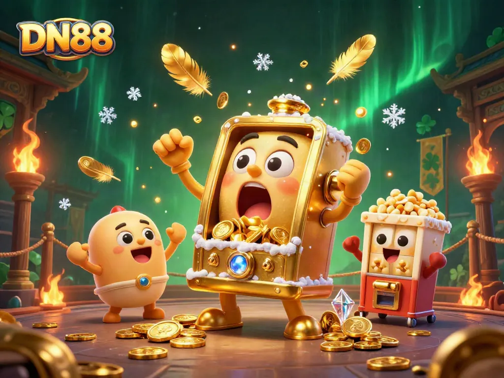 Experience the excitement at DN88 with a golden slot machine hitting a jackpot, surrounded by cheering baby slots and gaming elements.