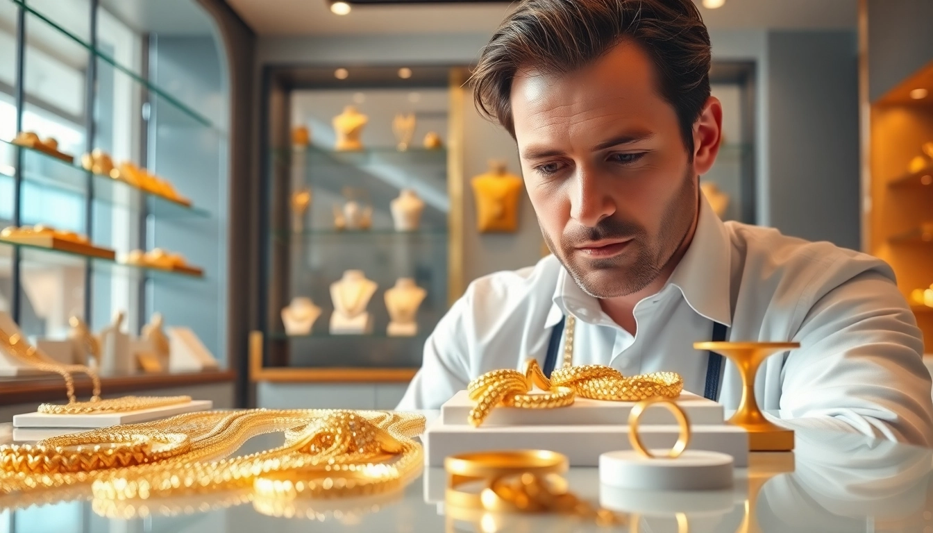 Gold verkaufen durch Fachmann in modernem Schmuckgeschäft präsentieren.