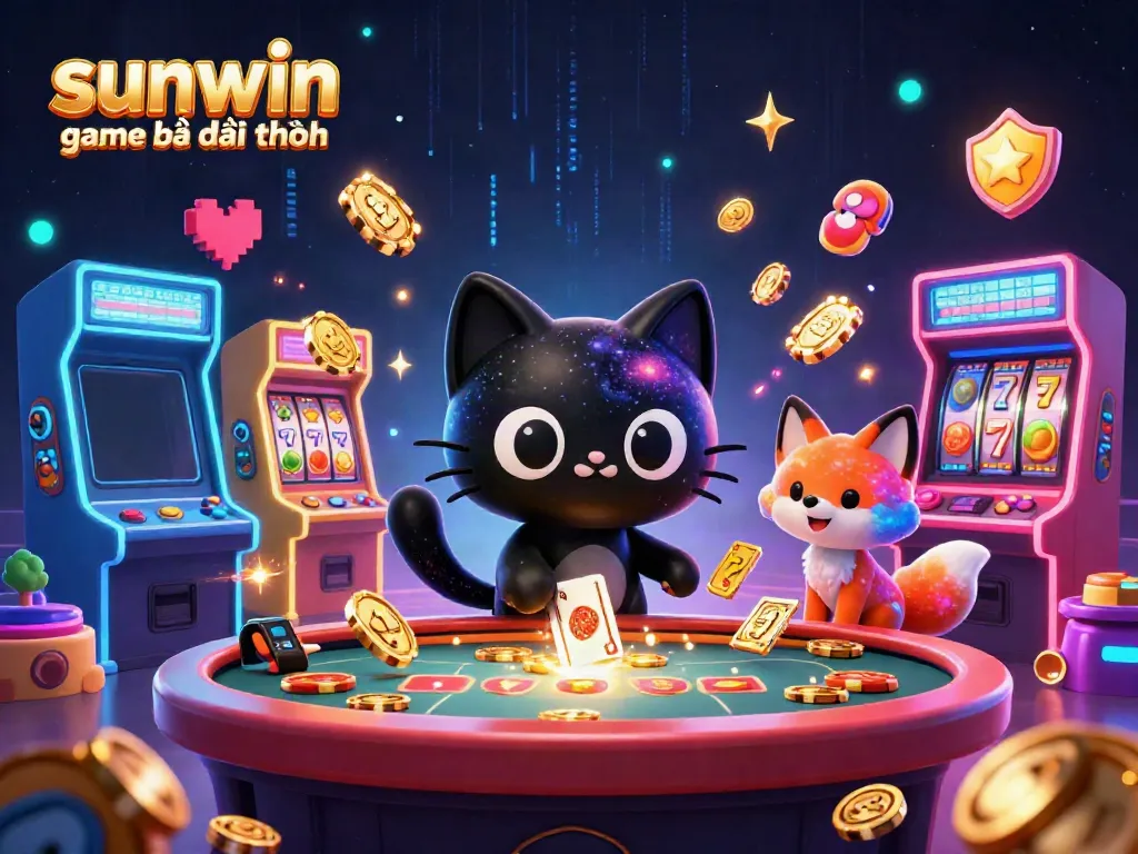 Engage in sunwin game bài đổi thưởng with a cosmic casino theme featuring a black hole cat and colorful game elements.