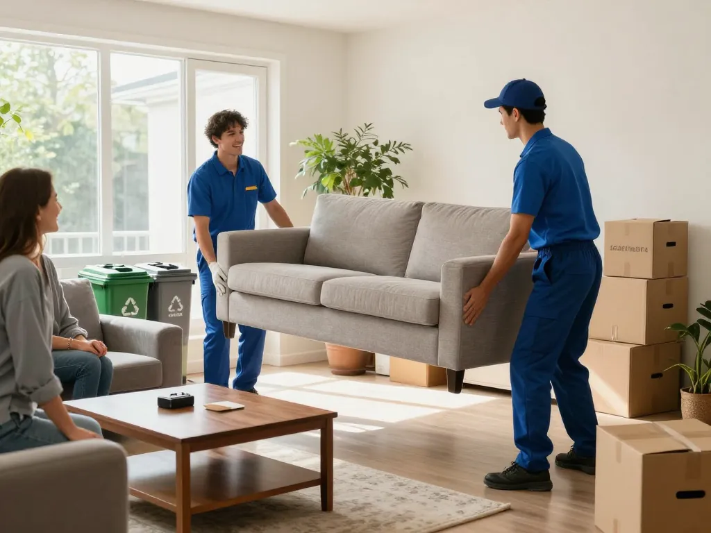 Furniture removal service team assisting homeowner with removing unwanted items like couches and boxes.