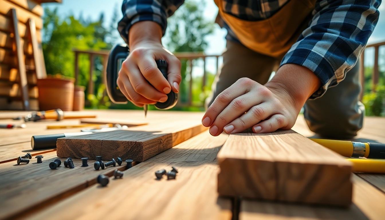 Installation von terrassenschrauben auf einer Holzterrasse durch einen Handwerker
