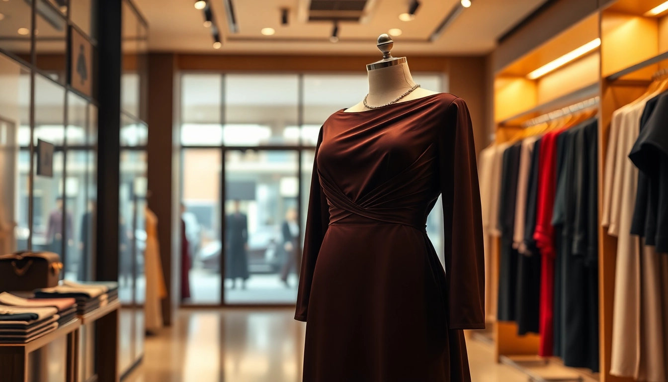 Showcase luxurious Alvionz evening gown in a sophisticated boutique setting.