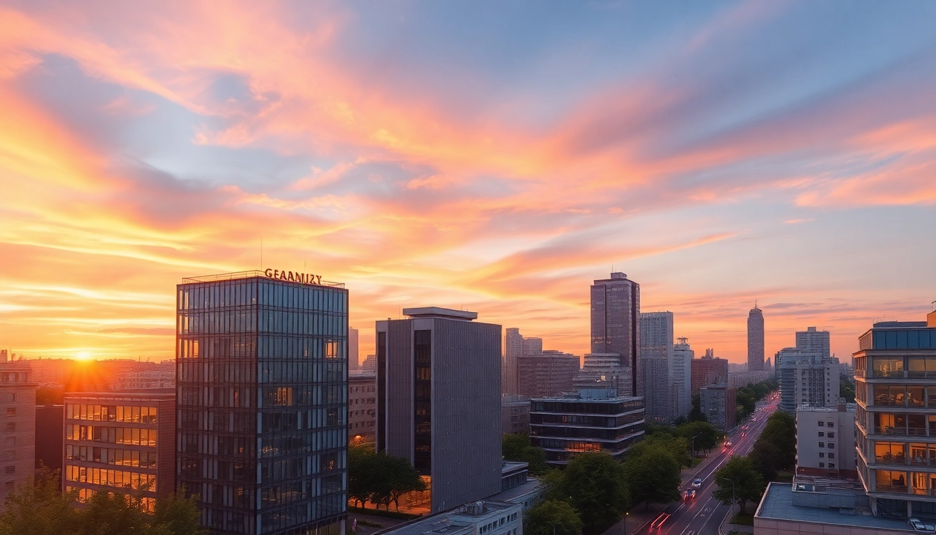 Architektur visualisierung: fotorealistische Darstellung einer modernen Stadtlandschaft mit beeindruckenden Licht- und Farbspielen.
