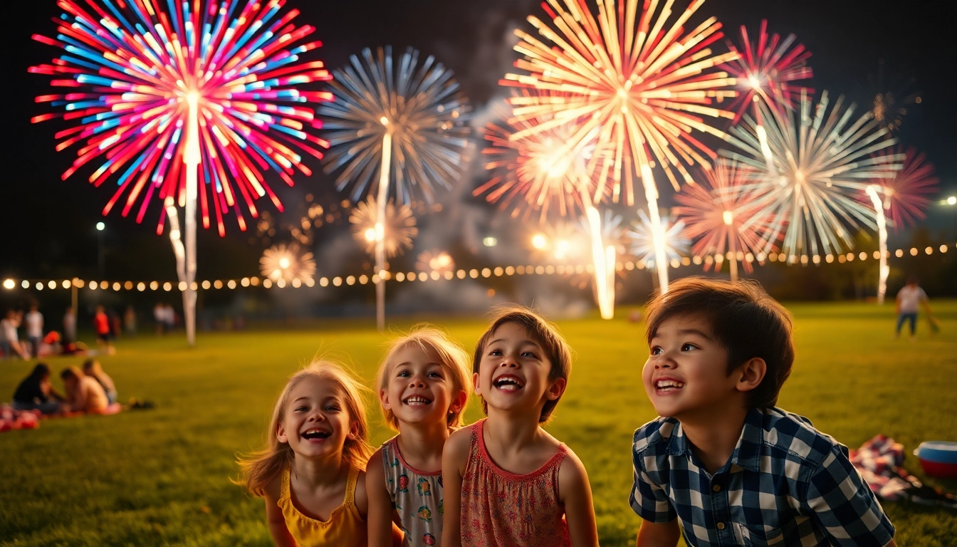 Enjoy a stunning display of cheap fireworks near me with a family celebrating outdoors.