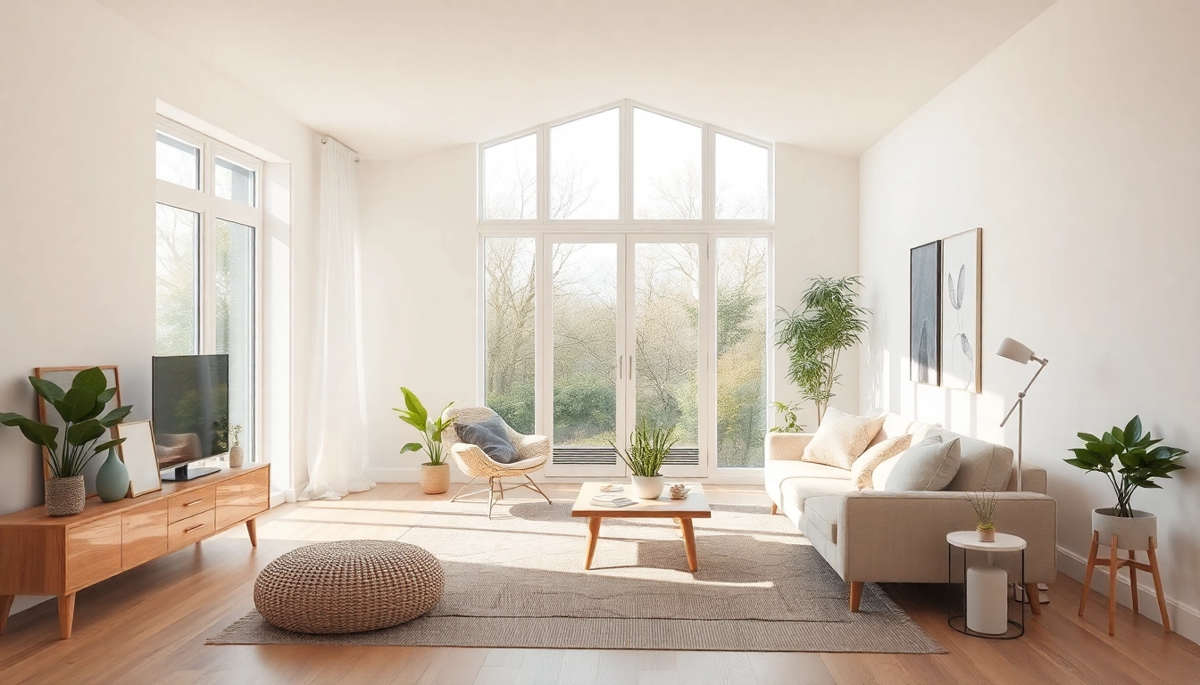 Raumgestaltung eines modernen, einladenden Wohnraums mit viel Licht und Pflanzen.