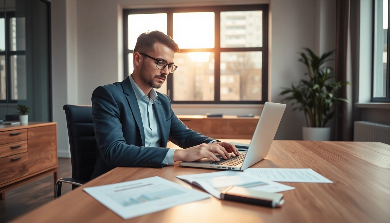 Headhunter Monchengladbach bei der Arbeit, fokussiert am Laptop in einem modernen Büro.