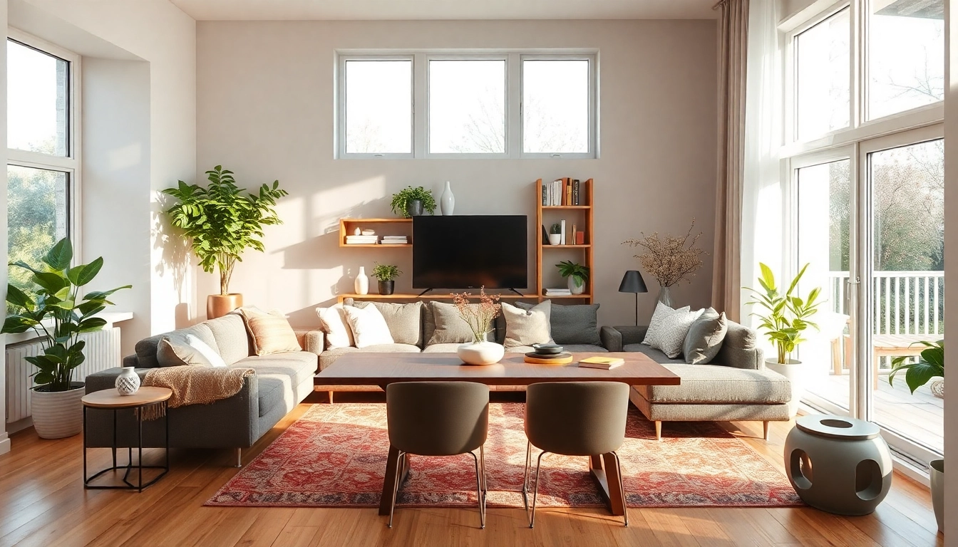 Raumgestaltung mit warmen Farben, eleganten Möbeln und harmonischen Lichtverhältnissen.