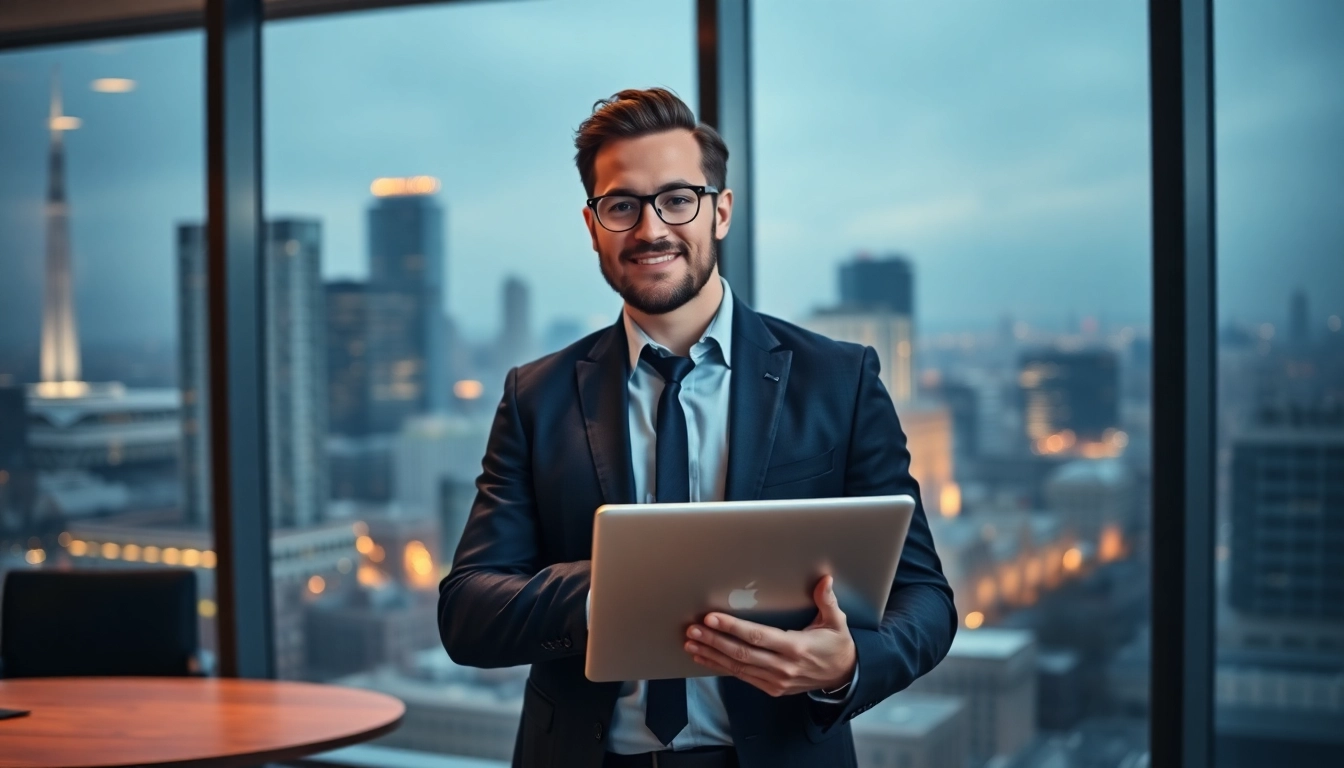 Headhunter CEO in einem modernen Büro, professionell und engagiert mit Laptop und Stadtblick im Hintergrund