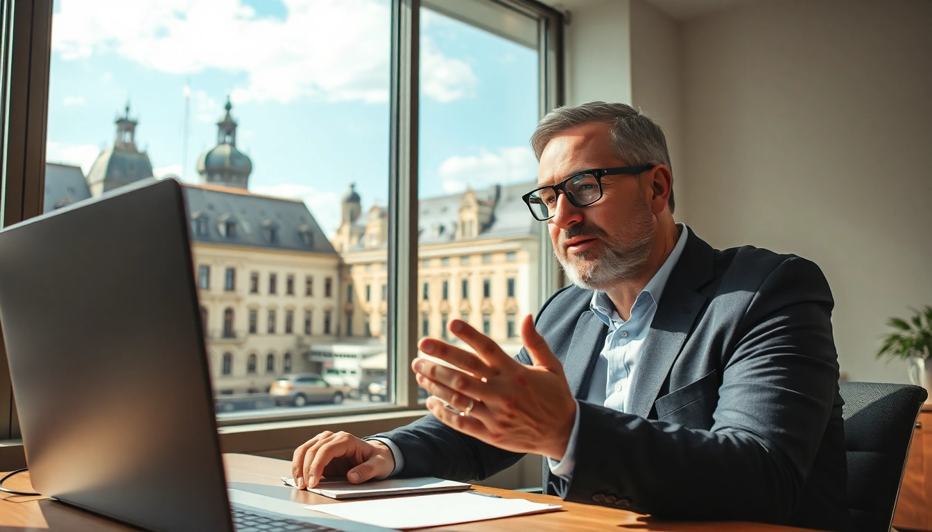 Headhunter Nürnberg in einem modernen Büro während einer Videokonferenz, umgeben von Stadtansicht.
