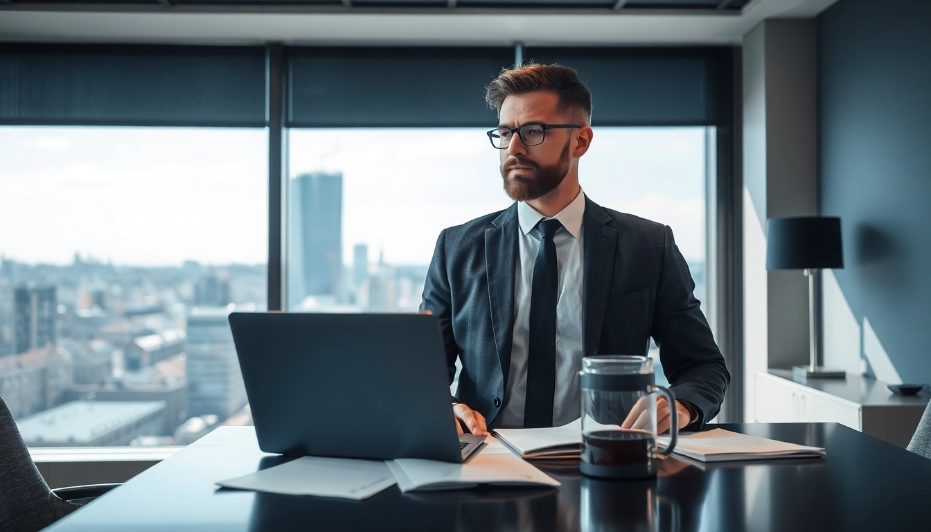 Headhunter Mannheim im eleganten Büro, professionell im Anzug stehend mit Stadtblick.