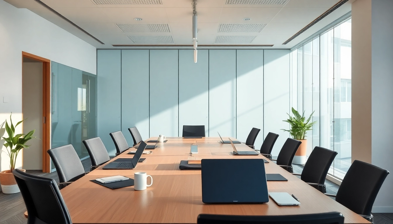 Headhunter Frankfurt zeigt ein modernes Büro mit einem Konferenztisch für Vorstellungsgespräche.