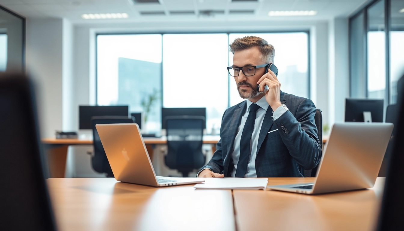 Headhunter Karlsruhe im professionellen Büro beim Telefonieren mit Klienten.