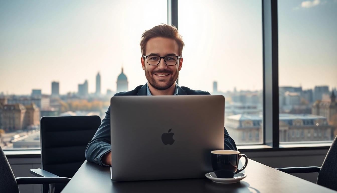 Headhunter Berlin arbeitet an einem Laptop mit Berliner Skyline im Hintergrund.