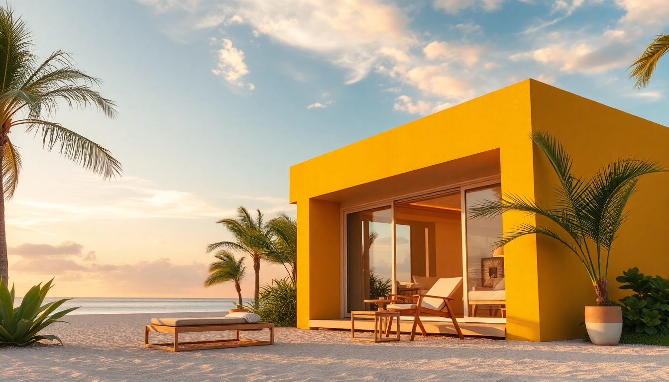 Coastal Cabana zeigt ein einladendes, sonnengelbes Strandhaus mit tropischem Grün und Liegestuhl.