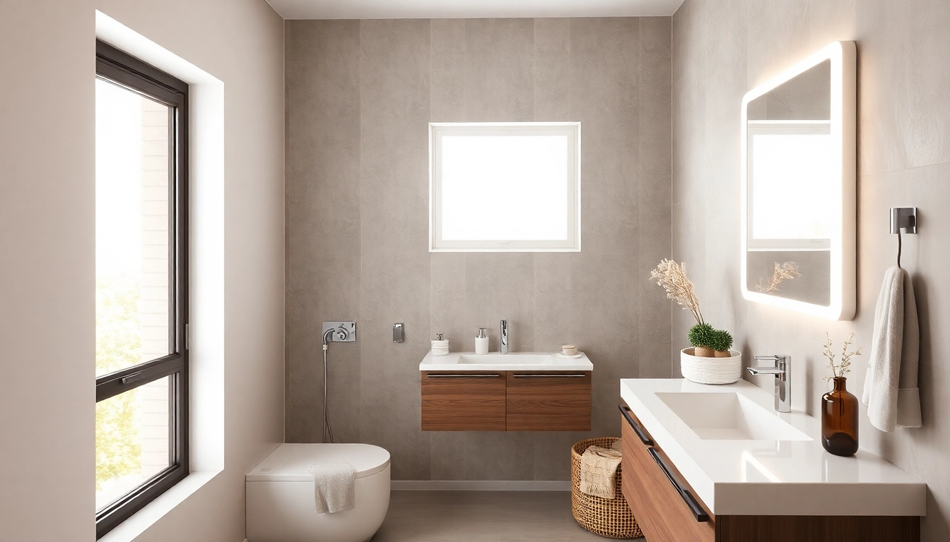 Elegant beleuchteter spiegelschrank led in modernem Badezimmer mit stilvollen Accessoires.