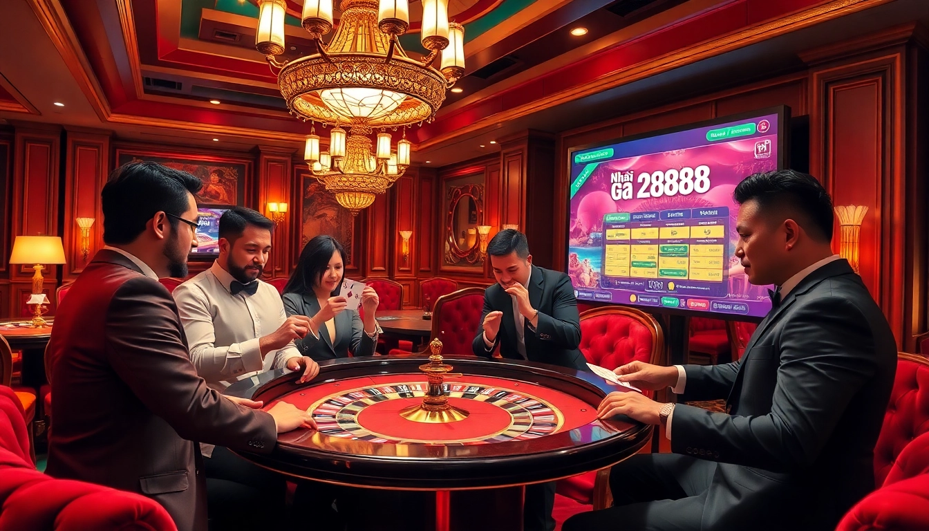 Gamblers experiencing the excitement of Nhà Cái Ga888 with engaging casino visuals.