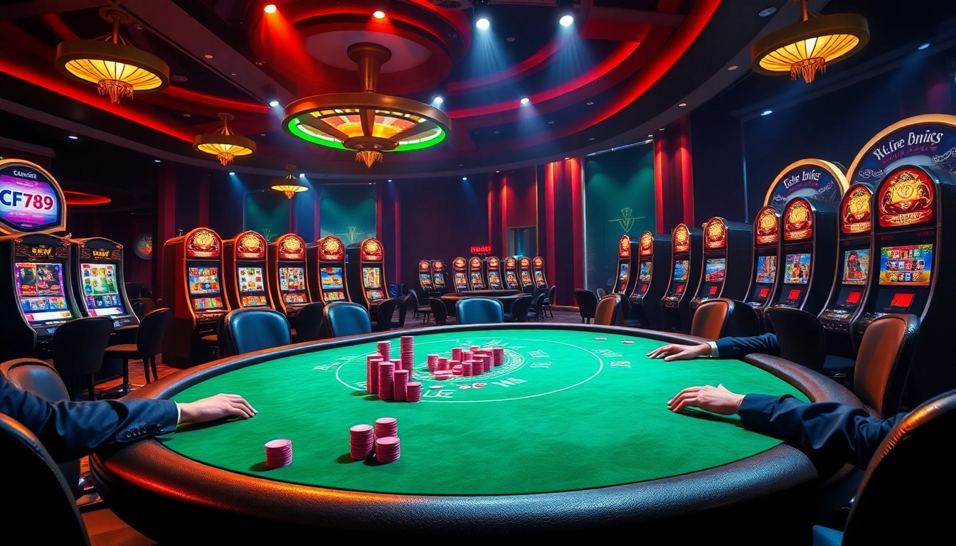 Engaging scene of professional gamblers at Nhà cái CF789 poker table, showcasing high-stakes excitement and vibrant casino elements.