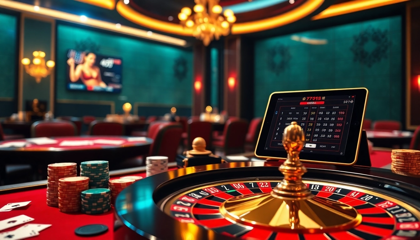 Experience the thrill of betting with 777g at a luxurious casino table loaded with cards and chips.