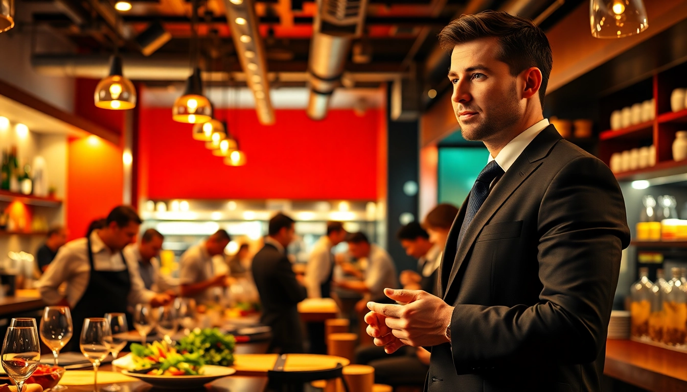Professioneller Headhunter Gastronomie, der eine lebhafte Restaurantumgebung analysiert.