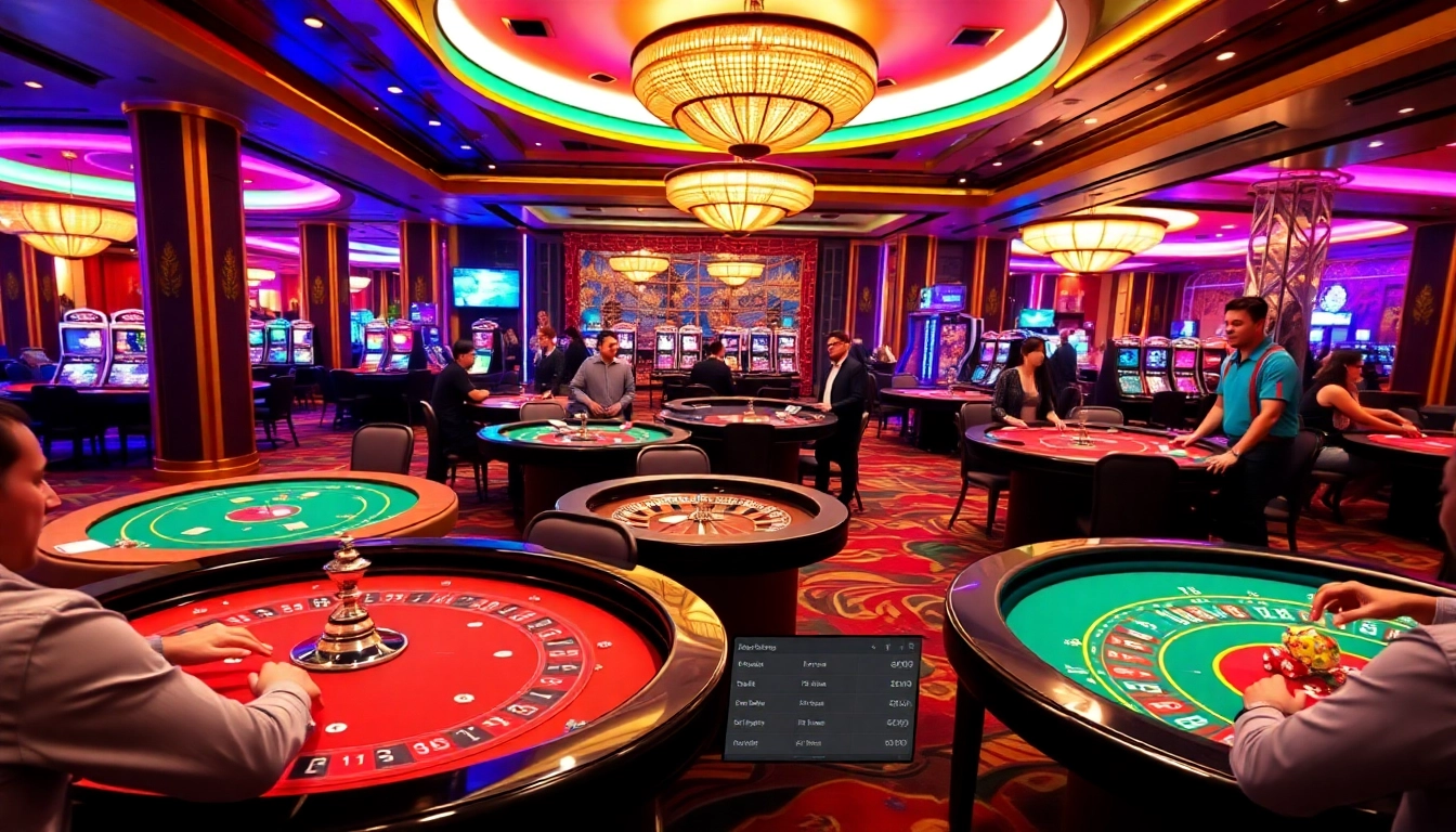 Engage with high-stakes gaming at GA888, featuring poker tables and roulette wheels in a vibrant casino.