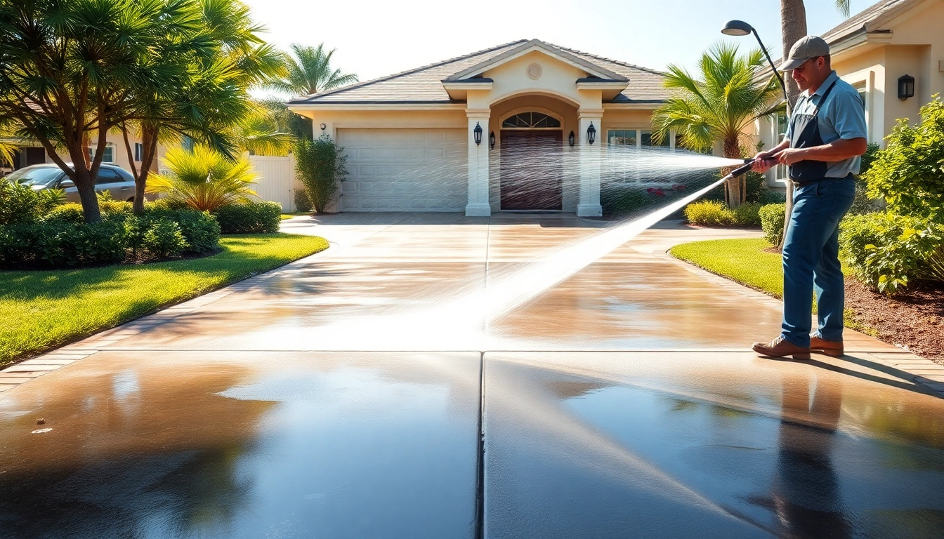 Driveway pressure wash service revitalizing a concrete driveway in Kissimmee, FL.