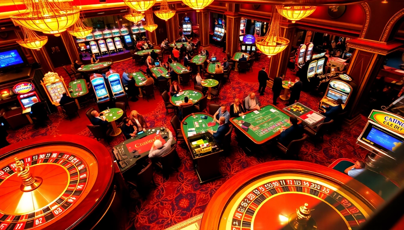 Exciting casino atmosphere with players engaged at tables, featuring https://cpc188.org elements like roulette and poker chips.