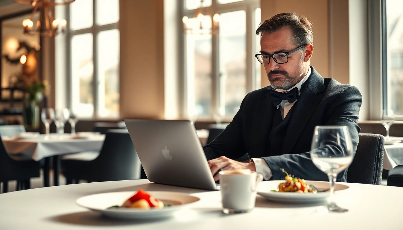 Headhunter Gastronomie analysiert Lebensläufe in einem eleganten Restaurant, um potenzielle Talente zu finden.