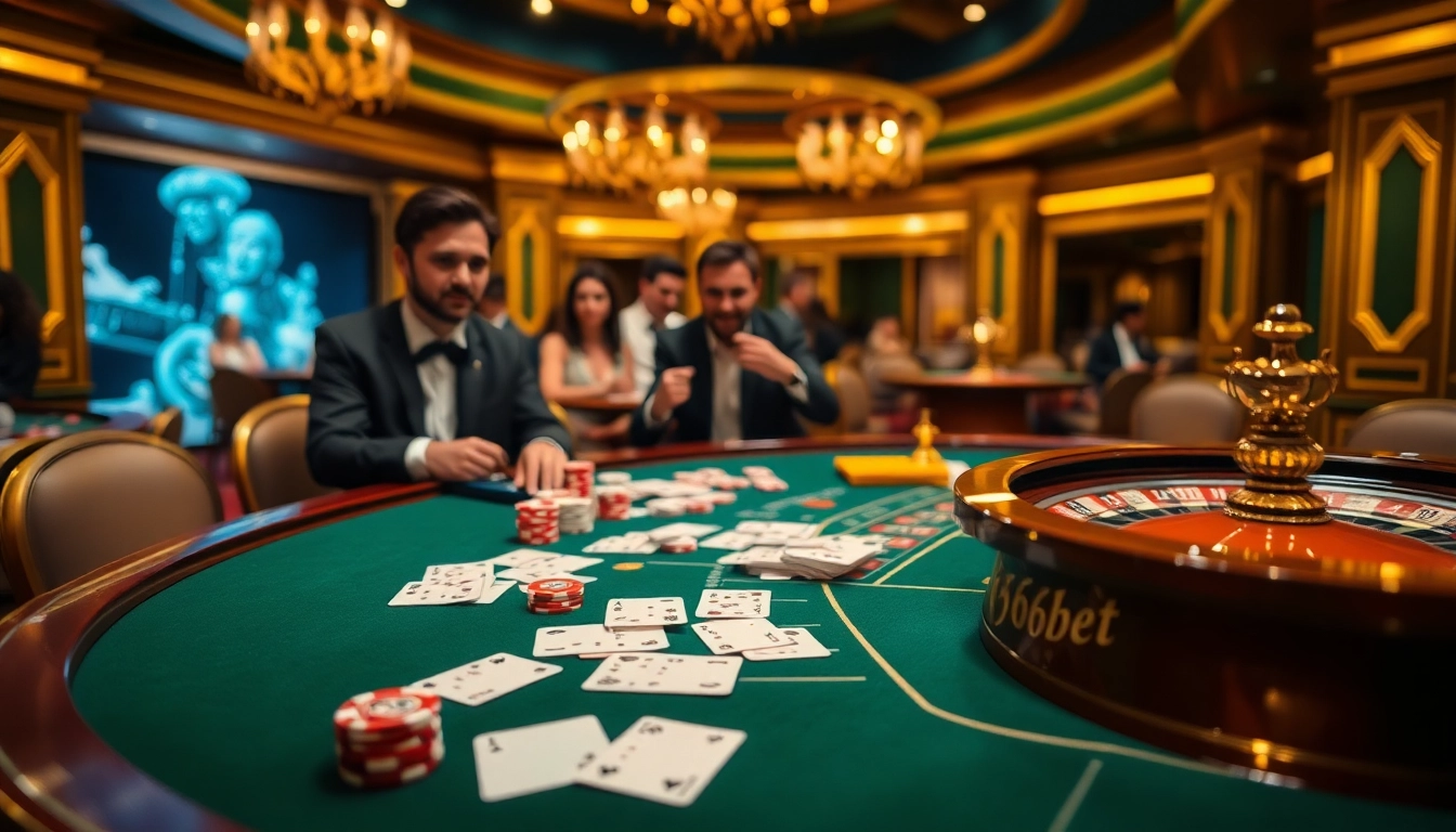 High-stakes poker scene at 166bet casino, showcasing luxury tables, vibrant chips, and eager players.
