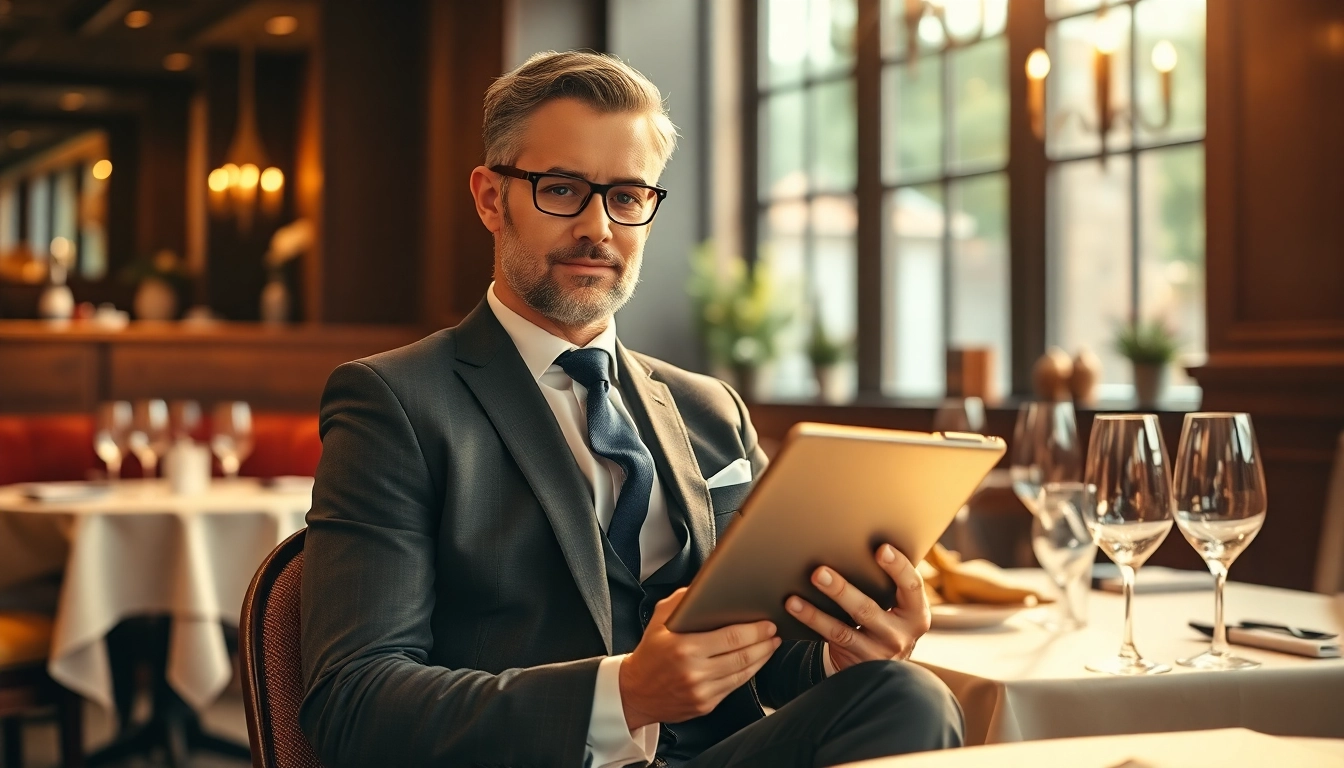 Headhunter Gastronomie bei der Arbeit in einem eleganten Restaurant, umgeben von ansprechender Atmosphäre und modernem Dekor.