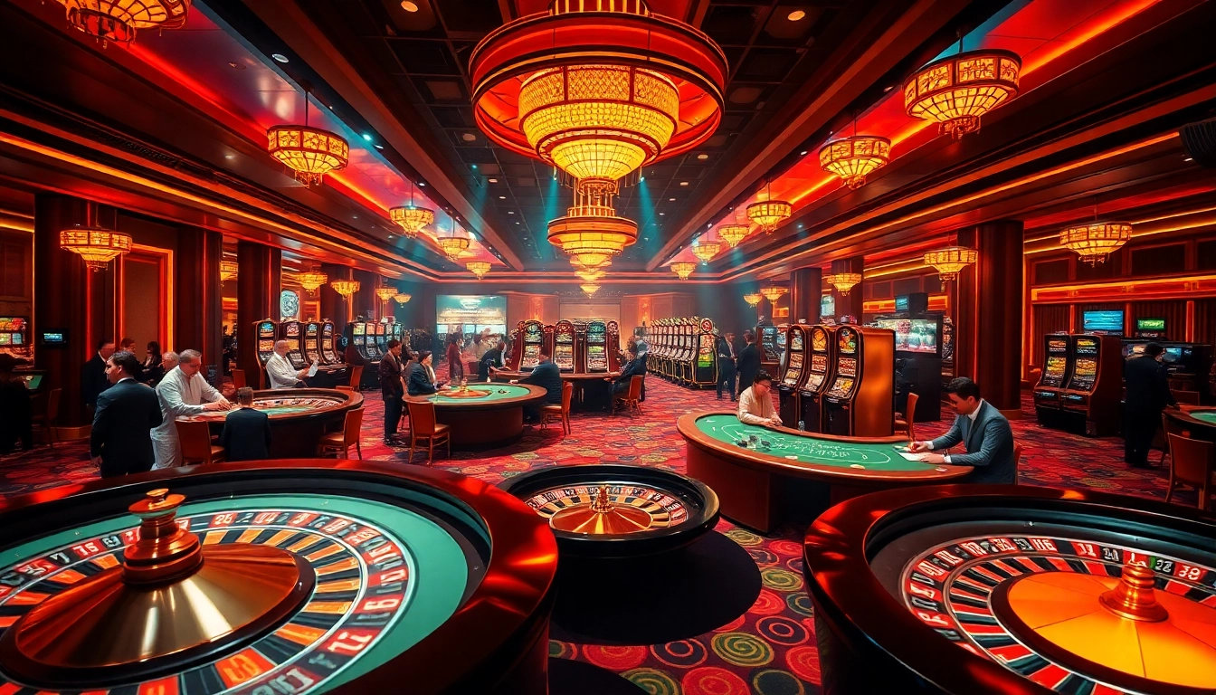 Excitement in Bay789 casino with players engaging at roulette and poker tables.