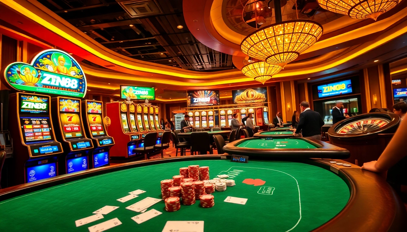 Zing88 players enjoying an exciting high-stakes poker game in a vibrant casino atmosphere.
