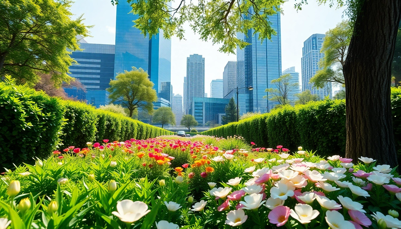 Gartenbau München mit lebendigen Blumenbeeten und modernem urbanen Hintergrund.