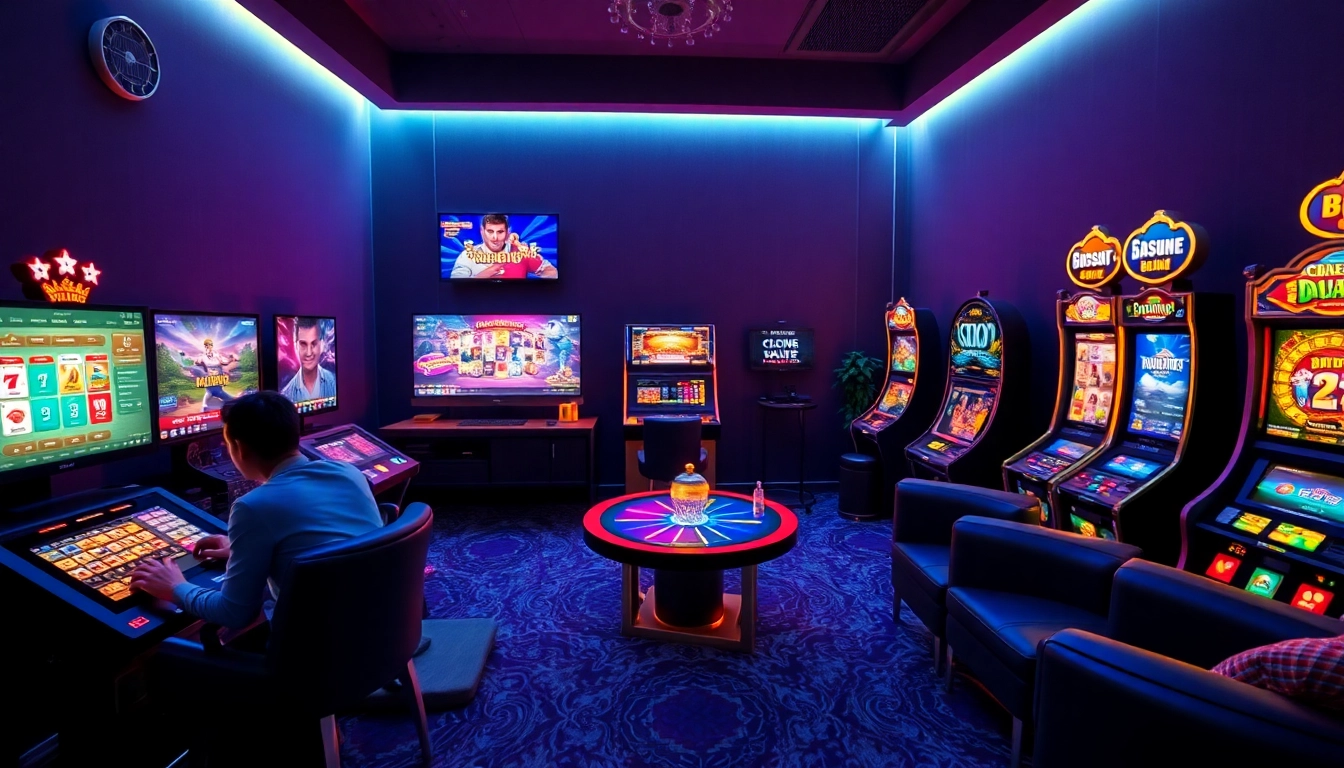 Experience the thrill of online gambling at nhà cái du88 with a vibrant gaming room setting.