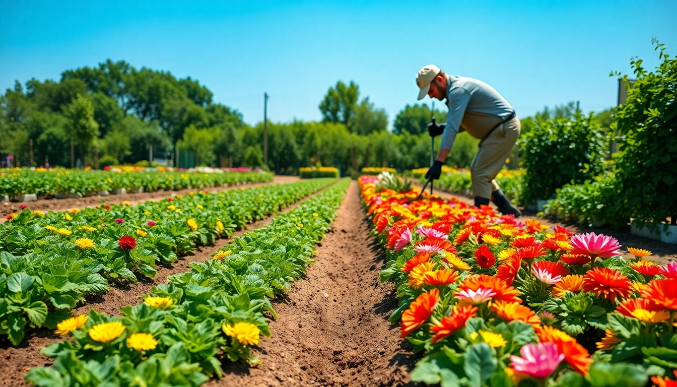 Gartenbaubetrieb working in a vibrant garden with colorful flowers and fresh vegetables.