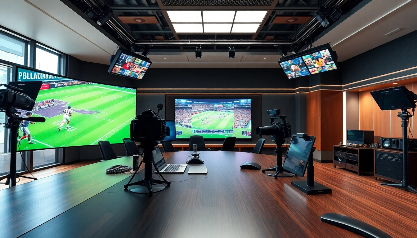 Captivating visualization of Sports Broadcasting studio showcasing advanced technology and vibrant displays.