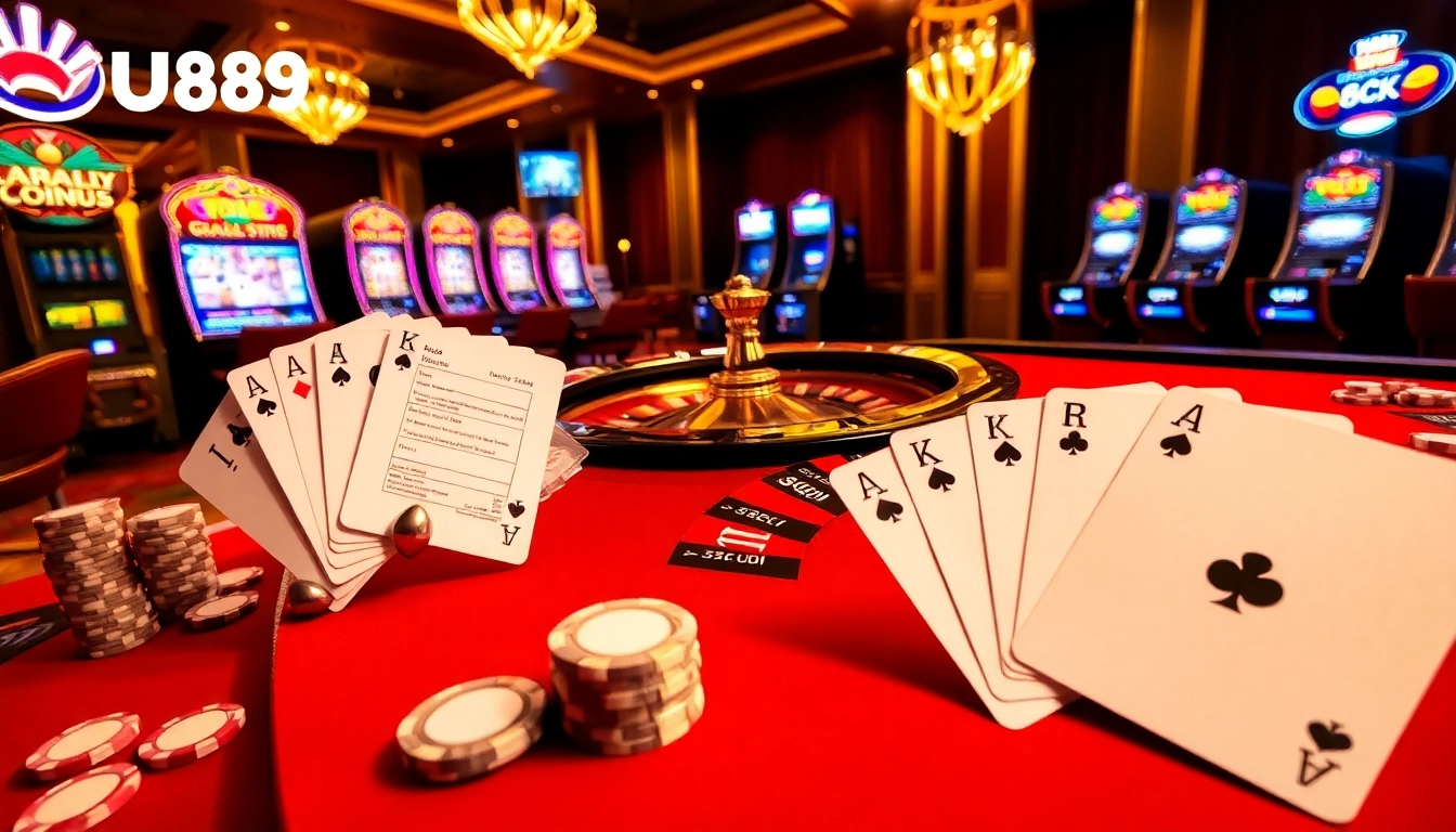 Exciting VU88 casino scene featuring roulette, poker chips, and luxurious slot machines.