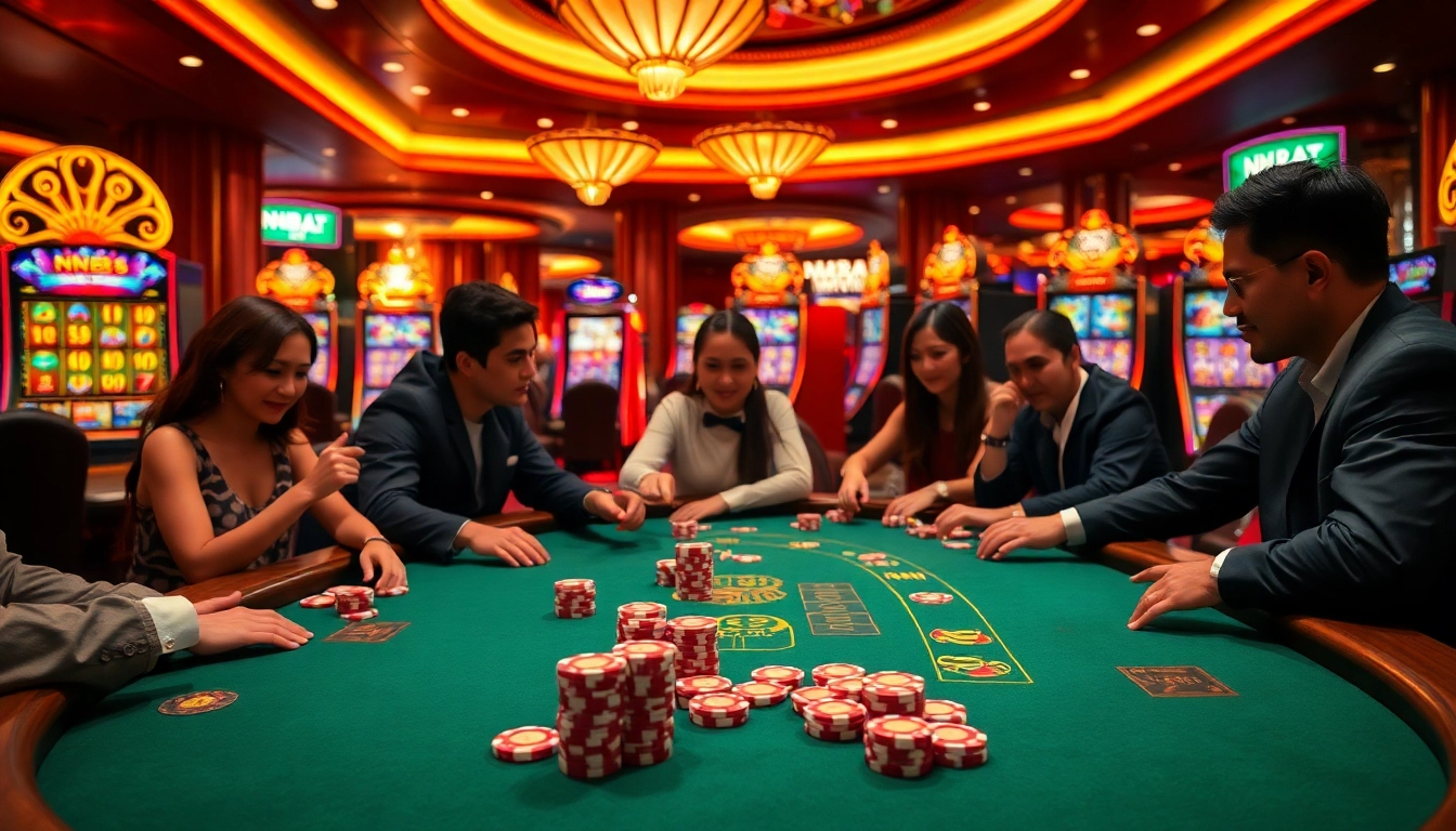 Experience the thrill of nn88 bet at a vibrant casino with players and glowing slot machines.