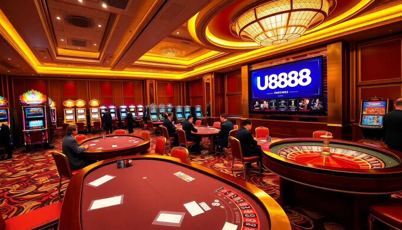 U888 players enjoying vibrant casino games at a luxurious gaming table atmosphere.
