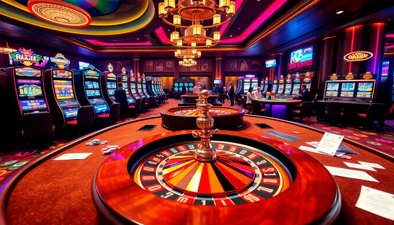 Experience the thrilling ambiance of qh88 with poker tables, vibrant slots, and a roulette wheel.