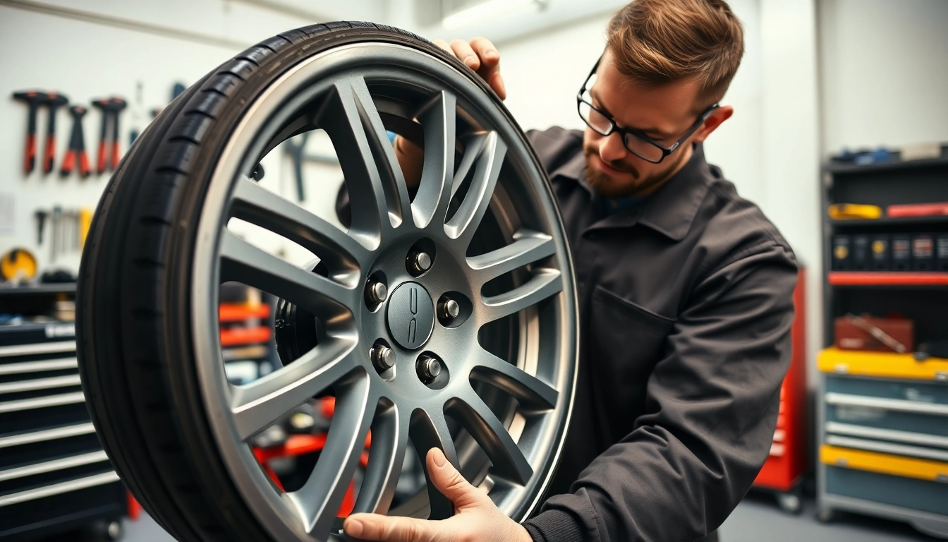 Felgenreparatur Bottrop durch einen Fachmann in einer hellen Werkstatt durchführen.
