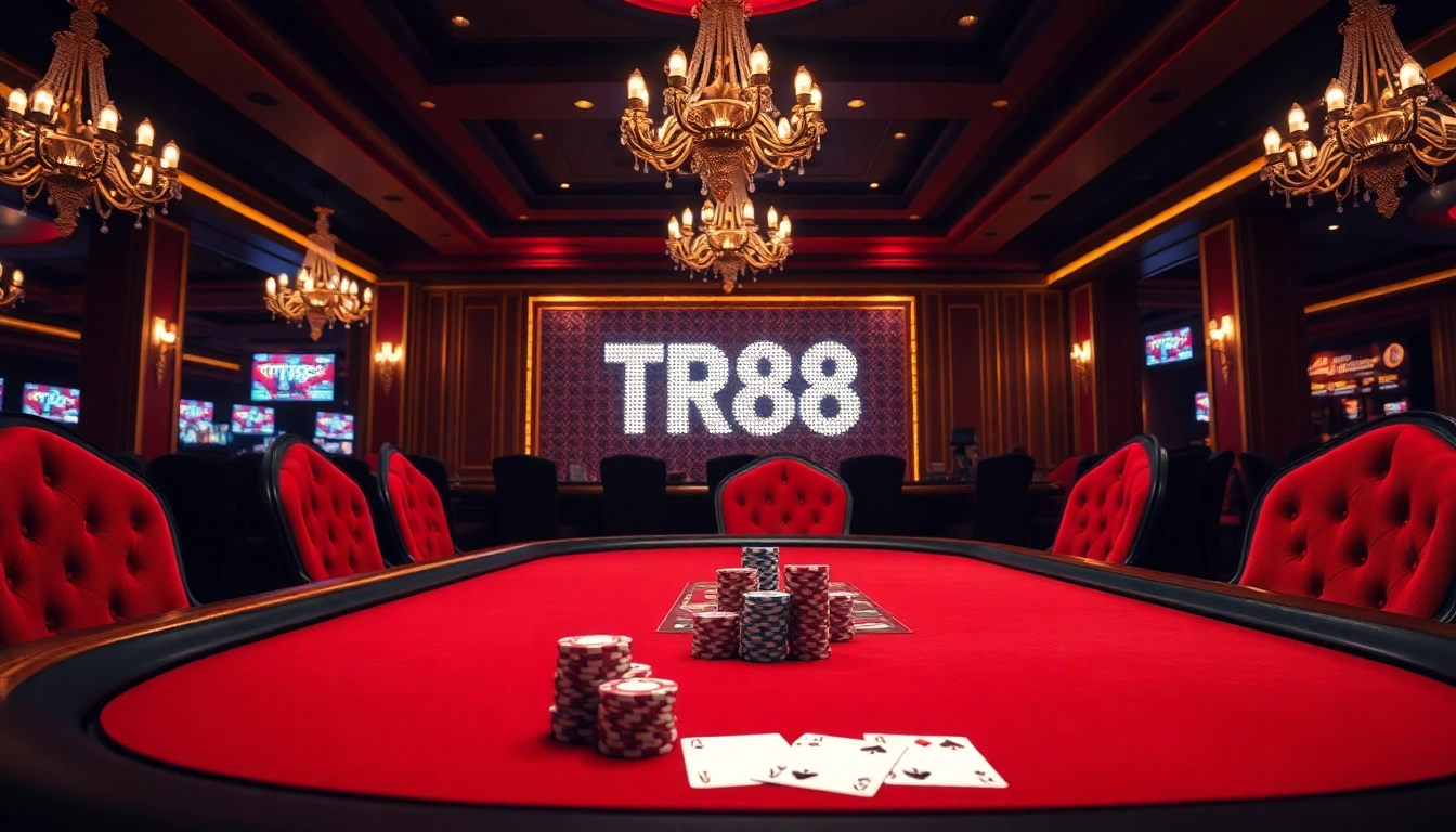 Engaging gamblers at the TR88 poker table with vibrant chips and cards in a luxurious setting.